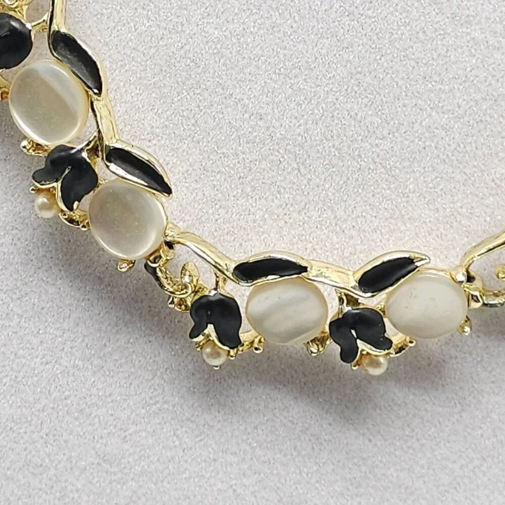 Vintage Gold Tone Necklace With Black Enamel White MOP Floral Design